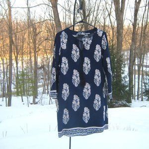 Boho Ethnic Flowy Casual Navy Rayon Midi Dress With Tassels Size M